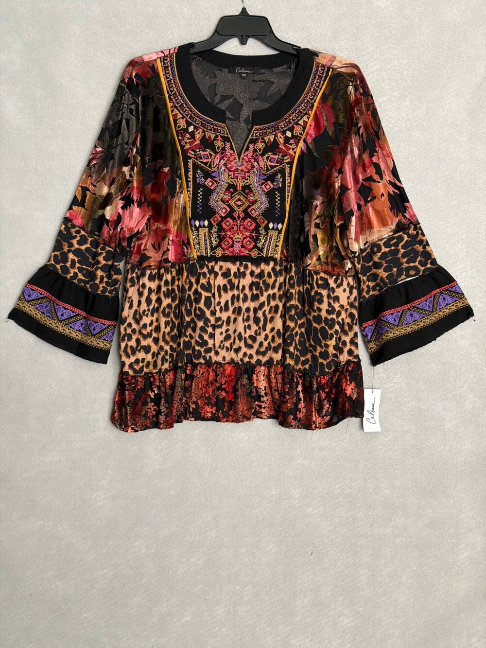 Calessa Multi Media Top Tunic Embroirdered Split V-Neck Women's 2X NEW